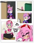 1girl amy_rose anthro ass blaze_the_cat blush breasts cat closed_eyes clothed clothing comic dialogue duo english_text feline fur furry gloves green_eyes hair hedgehog mammal midriff navel pink_fur pink_hair purple_fur sandunky sega simple_background text video_games yellow_eyes 