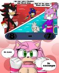  1girl amy_rose anthro areola blaze_the_cat breasts cat clothed clothing comic dialogue feline furry gloves green_eyes hedgehog male mammal metal_sonic midriff navel nude sandunky sega shadow_the_hedgehog silver_the_hedgehog text video_games 