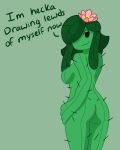 1girl ass big_ass big_breasts breasts butt colored flower_in_hair green_hair hand_on_hip horny lewd looking_at_viewer looking_back nipples niyarts nsfw sex smirking sona_(niyarts) talking young younger_female