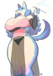  1girl 1girl anthro astreia_millou big_breasts blue_fur breast_rest breasts canine clothed clothing fox fur furry holding_breast huge_breasts looking_at_viewer mammal multicolored_fur nipple_bulge panties scryhound simple_background skimpy smile theycallhimcake thick_thighs translucent two_tone_fur underwear voluptuous white_background 