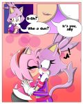  1girl amy_rose anthro blaze_the_cat blush breasts cat clothed clothing comic dialogue duo english_text feline female/female fur furry gloves hair hedgehog kissing mammal pink_fur pink_hair purple_fur sandunky sega simple_background surprise text video_games yellow_eyes 