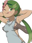  flower from_behind green_hair looking_at_viewer mallow mallow_(pokemon) mao_(pokemon) naked_overalls no_shirt pokemon pokemon_(anime) pokemon_(game) pokemon_sm sweatdrop tumblr twintails wink 