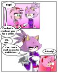 1girl amy_rose anthro blaze_the_cat blush breast_poke breasts cat clothed clothing comic dialogue duo english_text feline female/female fur furry gloves green_eyes hair hedgehog mammal pink_fur pink_hair purple_fur sandunky sega simple_background surprise text video_games white_background yellow_eyes