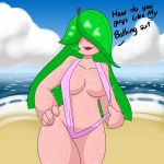 1girl asking beach big_breasts bikini breasts colored getting_undressed green_hair horny looking_at_viewer nipples niyarts original pussy text undressing young young_girl younger_female