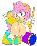  1girl 2015 5_fingers alternate_costume amy_rose anthro areola bent_over big_breasts bracelet breasts clothing daredemon7000 dialogue erect_nipples fur gloves green_eyes grin hairband hammer hanging_breasts hedgehog high_res huge_breasts jewelry looking_at_viewer mammal nipples pink_fur sega simple_background smile teeth tools white_background white_gloves 