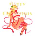  1girl 1girl 2016 anthro ass big_ass big_breasts blonde_hair blush breasts candy candy_cane cervine chest_tuft christmas clothed clothing food fur furry green_eyes hair high_res holidays holly_(plant) hooves horn inner_ear_fluff kemono long_hair looking_at_viewer mammal missaka mostly_nude open_mouth plant reindeer ribbons simple_background sitting skimpy smile teeth text tongue tongue_out tuft 