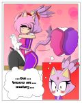  1girl amy_rose anthro blaze_the_cat blush breast_squish breasts breasts_frottage cat closed_eyes clothed clothing comic dialogue duo english_text feline fur furry gloves hair hedgehog mammal midriff pink_fur pink_hair purple_fur sandunky sega text video_games 