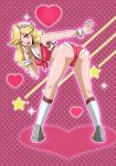  1girl ass ass_cutout bare_shoulders bent_over blonde blonde_hair boobies_uniform cutout eyebrows_visible_through_hair female female_human female_only honey_(space_dandy) human long_blonde_hair long_hair looking_at_viewer one_eye_closed partially_clothed presenting_hindquarters revealing_clothes short_shorts socks solo space_dandy 