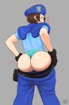  1girl ass big_ass blue_eyes brown_hair buttholemagick capcom embarrassed huge_ass jill_valentine looking_at_viewer looking_back panties pants_down panty_pull police police_uniform resident_evil round_ass short_hair standing 