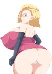  android_18 ass big_ass breasts cameltoe dragon_ball dragon_ball_z erect_nipples female huge_breasts looking_at_viewer looking_back milf nipples solo toshiso_(artist) 