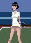  1girl ben_10 black_hair bobsan brunette clothed female female_human female_only hairless_pussy human julie_yamamoto mostly_clothed no_panties pussy short_black_hair short_hair skirt skirt_lift solo standing tennis_court tennis_dress tennis_outfit tennis_racket tennis_skirt tennis_uniform thigh_gap white_outfit white_skirt 
