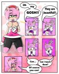 1girl amy_rose anthro blaze_the_cat blush breasts cat clothed clothing comic dialogue duo english_text feline female/female fur furry gloves green_eyes hair hedgehog mammal nipples pink_fur pink_hair purple_fur sandunky sega simple_background text undressing video_games yellow_eyes 