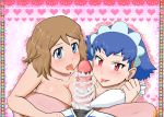  2_girls 2girls ash_ketchum big_breasts bottomless breasts double_fellatio fellatio ffm_threesome first_person_view gouguru heart icing lick licking licking_penis looking_at_viewer miette millefeui_(pokemon) oral penis pokemon pokemon_(anime) pokemon_xy pov satoshi_(pokemon) serena serena_(pokemon) threesome 