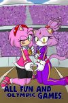  1girl amy_rose anthro blaze_the_cat blush breasts clothed clothing duo english_text feline furry gloves gold_medal green_eyes hedgehog mammal olympic one_eye_closed sandunky sega skirt text video_games wink 