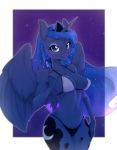 1girl 2016 5_fingers anthro armpits blue_body blue_hair bra breasts clothing cutie_mark equine eyebrows eyelashes eyeshadow feathered_wings feathers friendship_is_magic furry hair high_res horn looking_at_viewer makeup mammal my_little_pony navel princess_luna_(mlp) smile suelix thong underboob underwear wide_hips winged_unicorn wings 