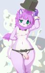  1girl anthro armpits black_nose blue_eyes blush bow_tie clothing feline fur furry girly hair half-erect hat headgear kaitou lion male mammal navel nipples partially_retracted_foreskin penis pink_fur pink_hair simple_background standing testicles thong top_hat uncut 