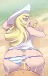  1boy 1girl ass blonde_hair butt_crack clothed_sex cum cum_in_pussy doggy_position hetero high_res lexorez lillie lillie_(pokemon) panties panties_aside penis pokemon sex skindentation striped striped_panties uncensored underwear vaginal 