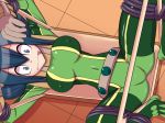  1girl :p arms_up asui_tsuyu bangs bdsm belt beltskirt blue_hair blush bodysuit boku_no_hero_academia bondage bound bound_legs bound_wrists breasts breasts_apart covered_navel erect_nipples frog_girl from_above gloves grey_eyes hair_between_eyes legs_up long_hair looking_at_viewer lying my_hero_academia nipples on_back rope short_hair sidelocks spread_legs spreader_bar studded_belt tile_floor tiles tongue tongue_out tsuyu_asui uichi-chi wide-eyed 