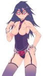  191karasu 1girl absurd_res aqua_eyes belt black_hair black_legwear blush breastless_clothes breasts collarbone cuffs dominatrix domino_mask earrings garter_straps hand_on_hip handcuffs high_res jewelry leotard long_hair mask midnight_(my_hero_academia) mole mole_under_eye my_hero_academia simple_background skin_tight smile stockings torn_clothes white_background 