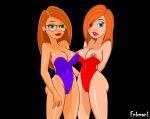 2_girls ann_possible areola arm arms arms_behind_back artist_name ass babe bare_arms bare_legs bare_shoulders big_breasts black_background blue_eyes breasts brown_hair cleavage clothed_navel covered_navel digital_media_(artwork) disney earrings eyebrows female_only fnbman glasses green_eyes hair_over_one_eye jewelry kim_possible kimberly_ann_possible legs leotard lips lipstick long_hair looking_at_viewer makeup mother_&amp;_daughter multiple_girls neck nipple_slip nipples open_mouth orange_hair purple_leotard red_leotard red_lipstick round_teeth shaved_pussy shiny shiny_skin simple_background standing strapless strapless_leotard swimsuit teeth