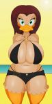  1girl 1girl 2016 absurd_res anthro avian big_breasts bird breasts cleavage clothed clothing duck ducktits furry high_res huge_breasts navel 