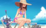  1girl arm_support beach bikini blush breasts brown_hair cleavage covered_eyes crossed_legs day daytime hat kuroonehalf navel nemesis_(smite) sarong scales shiny shiny_skin sitting sky smile smite solo summer sun_hat swimsuit sword weapon 