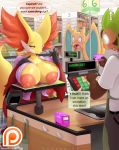  1girl 2016 anthro big_breasts breasts bulge charizard chespin clothing counter credit_card delphox dialogue english_text eyewear fox furry glasses inside lysergide market nintendo open_mouth pants pok&eacute;mon public shirt shocked store text video_games wings 