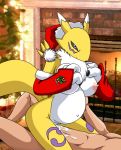  big_breasts breasts christmas cowgirl_position cum cum_in_pussy digimon furry gloves pregnant renamon santa_hat 