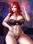  1girl big_breasts bra breasts caucasian flowerxl katarina league_of_legends long_hair looking_at_viewer on_knees outside red_hair scar sexy slut tattoo thick_thighs thong 