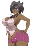  1girl bangs bead_necklace beads big_ass big_breasts black_hair blue_nails blush bracelet breasts cleavage contrapposto cowboy_shot crop_top curvy dark_skin dat_ass dayum earrings gem grey_eyes hand_on_hip highres hips huge_ass huge_breasts jewelry large_breasts lipstick lychee_(pokemon) makeup midriff nail_polish navel neck_ring necklace nightmare-doom olivia olivia_(pokemon) pokemon pokemon_(game) pokemon_sm purple_shorts shiny shiny_skin short_hair short_shorts shorts sleeveless smile solo swept_bangs white_background wide_hips 