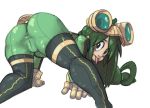 1girl 1girl :&gt; :p all_fours ass asui_tsuyu black_eyes black_hair bodysuit boku_no_hero_academia boots colored frog_girl from_behind gloves goggles goggles_on_head green_hair long_hair monster_girl my_hero_academia stockings thigh_high_boots tongue tongue_out tsuyu_asui zsky 