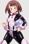  1girl 1girl 774_(nanashi) bangs belt blush bodysuit boku_no_hero_academia boots bracer breasts brown_eyes brown_hair clenched_hand cowboy_shot embarrassed grey_background headwear_removed helmet helmet_removed holding impossible_clothes knee_boots legs_apart looking_at_viewer my_hero_academia ochako_uraraka shiny shiny_clothes short_hair sidelocks simple_background small_breasts stockings sweatdrop thigh_high_boots uraraka_ochako wavy_mouth 