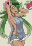  1girl :d armpits arms_up bounsweet breasts collarbone covered_nipples crossed_legs dark_skin flower green_eyes green_hair groin hair_flower hair_ornament long_hair mallow mallow_(pokemon) mao_(pokemon) medium_breasts naked_overalls nikane_(dillenid) no_bra no_panties open_mouth overalls pokemon pokemon_(anime) pokemon_sm sideboob silhouette smile solo standing trial_captain twintails very_long_hair watson_cross 
