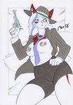 1girl 2016 anthro areola breasts canine claws clothed clothing english_text female_only fur furry gun handgun hat holding_object holding_weapon mammal miles-df miles_df neck_tie nipples partially_clothed ranged_weapon red_fur revolver shorts signature suit text tight_clothing weapon white_fur