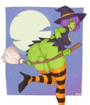 anus big_ass big_breasts big_penis big_testicles breasts broom cleavage dross erection female futanari goblin goblin_female goblin_girl green_skin intersex looking_at_viewer looking_back no_panties penis purple_hair red_eyes solo testicles witch witch_hat