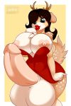  1girl 2016 anthro antlers areola black_nose blue_eyes border breasts brown_hair cervine chest_tuft clothed clothing deer dickgirl dress erection furry hair hair_over_eye heart_nipples high_res horn huge_breasts huge_testicles humanoid_penis hyper hyper_penis hyper_testicles intersex kloudmutt large_breasts large_testicles lips lipstick long_hair makeup mammal nipples penis simple_background testicles tuft white_border 