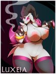  1girl 1girl absurd_res anthro areola ass baphomet_(deity) baphomet_(species) big_areola big_breasts big_eyes bovid breasts caprine caprine_demon cigarette claws clothing collar curvy_figure deity demon genitals goat hair horn huge_breasts leash legwear long_hair looking_at_viewer luxeia mammal nipples nude piercing pink_eyes pupils pussy r-mk scar slit_pupils small_waist smile smoke smoking stockings stockings thick_thighs voluptuous wide_hips 