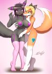  1girl 2016 5_fingers alternate_color anthro anthro_on_anthro areola armpits artemis_(pokesona) bangs big_breasts black_fur black_hair black_nose blonde_hair breast_grab breast_squish breasts breasts_frottage canine claws clothing countershading dipstick_tail duo eeveelution eyelashes fan_character female/female female_only fingering fluffy_tail fox fur furry gradient_background green_eyes hair hand_on_breast high_res highlights inner_ear_fluff interspecies legwear long_hair mammal markings multicolored_hair multicolored_tail nintendo nipples nude open_mouth open_smile orange_fur pok&eacute;mon pok&eacute;philia purple_eyes purple_highlights purple_markings purple_nipples pussy pussy_juice sex signature simple_background smile standing stockings sweat tailzkim toe_claws tongue umbreon vaginal vaginal_fingering video_games white_fur yuri 