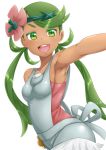 1girl :d armpits breasts creatures_(company) dark-skinned_female dark_skin flower game_freak green_eyes green_hair hair_flower hair_ornament humans_of_pokemon long_hair mallow_(pokemon) mao_(pokemon) nintendo open_mouth outstretched_arm pokemon pokemon_(anime) pokemon_(game) pokemon_sm pokemon_sun_&amp;_moon ponytail rentarow0201 rentarow0201_(artist) sazanami_tarou simple_background smile solo trial_captain twintails white_background