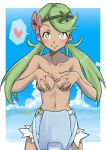  1girl artist_name blush breast_grab breast_hold breasts collarbone covering covering_breasts dark_skin flower green_eyes green_hair hair_flower hair_ornament hand_bra heart highres long_hair looking_at_viewer mallow mallow_(pokemon) mao_(pokemon) medium_breasts naked_overalls navel no_bra overalls pokemon pokemon_(game) pokemon_sm saku_(saku1151) seductive_smile smile solo spoken_heart topless trial_captain twintails 