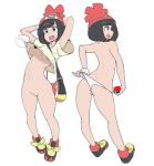 ass beanie big_ass big_breasts black_hair bottomless breasts dual_persona female hair hat headgear heart holding_poke_ball looking_at_viewer moon_(pokemon) moon_(trainer) multiple_girls no_panties panties panty_pull poke_ball pokemon pokemon_(game) pokemon_sm pussy shirt shirt_lift shoes short_hair slugbox sneakers solo topless twitter underwear wedgie