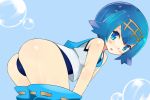 1girl :o ass bare_arms bent_over blue_background blue_eyes blue_hair blue_pants blush bubble collarbone crop_top hairband harigane_(pixiv19983169) lana looking_at_viewer one-piece_swimsuit open_mouth pants pants_down pants_pull pokemon pokemon_(game) pokemon_sm ribbon_trim sailor_collar shirt short_hair simple_background sleeveless sleeveless_shirt solo suiren_(pokemon) swimsuit swimsuit_under_clothes trial_captain v_arms white_shirt