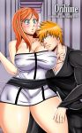  1boy 1girl arrancar bare_shoulders big_breasts bleach bluegraves blush breasts couple curvy dress gigantic_breasts grey_eyes hand_on_thigh hands_behind_head huge_breasts inoue_orihime kurosaki_ichigo long_hair long_sleeves looking_at_viewer orange_hair red_hair revealing_clothes sexy short_skirt skirt smile stockings tease thick_thighs thighs wide_hips 