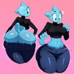  1girl 1girl anthro ass big_ass big_breasts breasts cartoon_network cat clothed clothing feline furry high_res jiggle looking_back mammal midriff navel nicole_watterson simple_background sssonic2 sweat sweatdrop the_amazing_world_of_gumball thick_thighs turtleneck wardrobe_malfunction wide_hips 