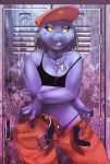  1girl 1girl anthro breasts cleavage clothed clothing doedog dreadlocks furry hat jewelry lagomorph locker_room mammal midriff navel necklace panties rabbit smile standing underwear undressing unzipped 