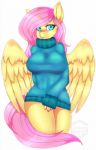  1girl 1girl 2016 anthro anthrofied blush bottomless cheezayballz clothed clothing equine feathered_wings feathers fluttershy_(mlp) friendship_is_magic furry hair high_res long_hair looking_at_viewer mammal my_little_pony pegasus pink_hair simple_background sweater white_background wings 