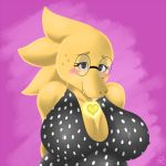 1girl alphys alphys_(undertale) anthro big_breasts black_clothing blush breasts claws doctor female female_anthro female_only glasses lab_coat lizard official_alternate_costume purple_background reptile scalie simple_background solo solo_anthro solo_female undertale undertale_(series) upper_body video_games