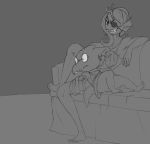2girls alphyne alphys alphys_(undertale) anthro anthro_only bigger_female claws couch duo eyepatch female female_anthro female_only fish fish_girl glasses larger_female lizard lizard_girl marine monochrome monster reptile reptile_girl scalie simple_background size_difference slit_pupils smaller_female sofa undertale undertale_(series) undyne video_games