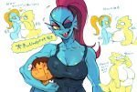 alphyne alphys alphys_(undertale) anthro belly blue_body blue_skin breasts breasts_size_difference child chubby chubby_female claws female_only frisk glasses japanese_text lizard lizard_girl lizard_tail monster monster_girl nipples non-mammal_breasts nude nude_female red_hair reptile reptile_girl reptile_tail scalie simple_background tail text undertale undertale_(series) undyne video_games white_background yellow_body yellow_skin young young_human younger_human yuri