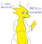 1girl alphyne alphys alphys_(undertale) anthro anthro_only breasts claws doctor english_text female_only glasses lab_coat lizard lizard_girl looking_at_viewer monster monster_girl non-mammal_breasts reptile reptile_girl scalie solo solo_anthro solo_female talking_to_viewer text undertale undertale_(series) video_games white_background yellow_body yellow_skin